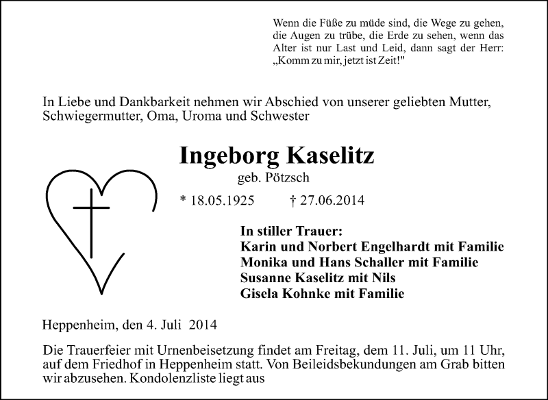  Traueranzeige für Ingeborg Kaselitz vom 04.07.2014 aus Starkenburger Echo
