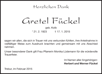 Traueranzeige von Gretel Fückel von Rüsselsheimer Echo, Groß-Gerauer-Echo, Ried Echo