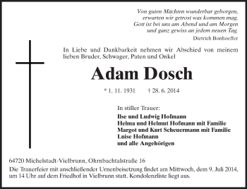 Traueranzeige von Adam Dosch von Odenwälder Echo