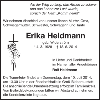 Traueranzeige von Erika Heldmann von Odenwälder Echo