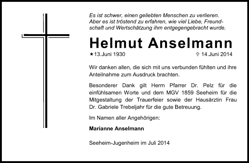  Traueranzeige für Helmut Anselmann vom 05.07.2014 aus Echo-Zeitungen (Gesamtausgabe)