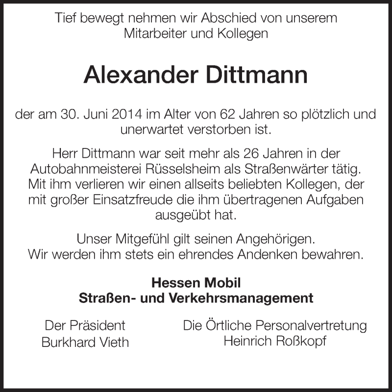  Traueranzeige für Alexander Dittmann vom 05.07.2014 aus Rüsselsheimer Echo, Groß-Gerauer-Echo, Ried Echo