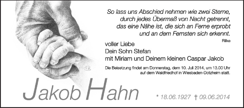  Traueranzeige für Jakob Hahn vom 05.07.2014 aus Rüsselsheimer Echo, Groß-Gerauer-Echo, Ried Echo