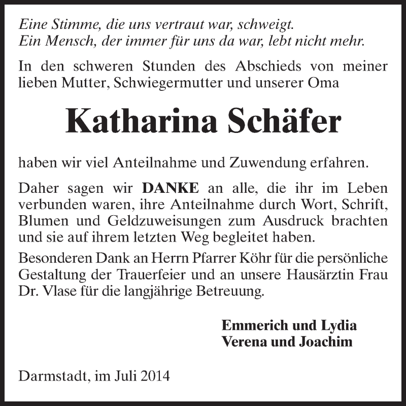  Traueranzeige für Katharina Schäfer vom 12.07.2014 aus Echo-Zeitungen (Gesamtausgabe)