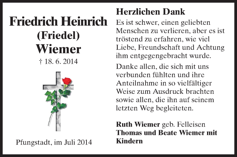  Traueranzeige für Friedrich Heinrich Wiemer vom 12.07.2014 aus Echo-Zeitungen (Gesamtausgabe)