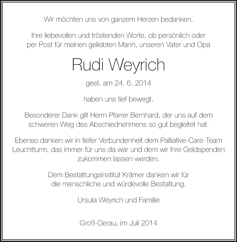  Traueranzeige für Rudi Weyrich vom 09.07.2014 aus Rüsselsheimer Echo, Groß-Gerauer-Echo, Ried Echo