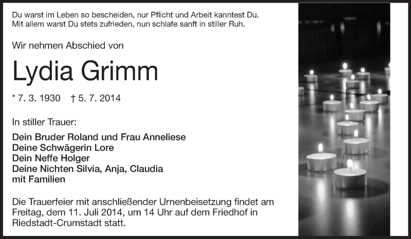  Traueranzeige für Lydia Grimm vom 08.07.2014 aus Rüsselsheimer Echo, Groß-Gerauer-Echo, Ried Echo