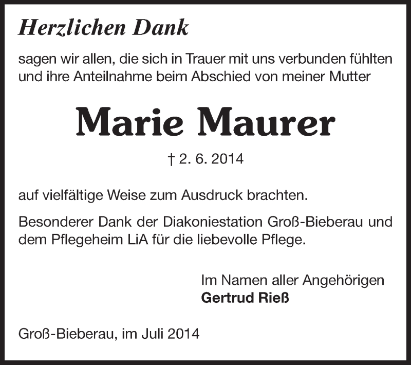  Traueranzeige für Marie Maurer vom 12.07.2014 aus Echo-Zeitungen (Gesamtausgabe)