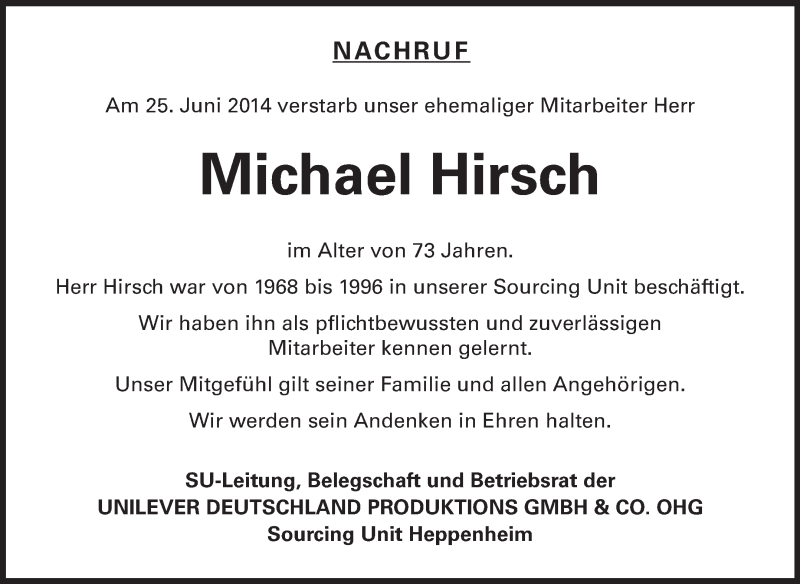  Traueranzeige für Michael Hirsch vom 08.07.2014 aus Starkenburger Echo