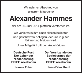Traueranzeige von Alexander Hammes von Echo-Zeitungen (Gesamtausgabe)