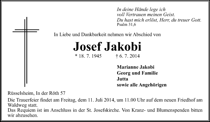  Traueranzeige für Josef Jakobi vom 08.07.2014 aus Rüsselsheimer Echo, Groß-Gerauer-Echo, Ried Echo