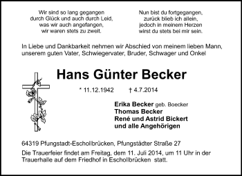 Traueranzeige von Hans Günter Becker von Echo-Zeitungen (Gesamtausgabe)