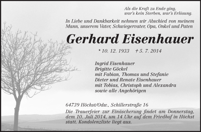  Traueranzeige für Gerhard Eisenhauer vom 08.07.2014 aus Echo-Zeitungen (Gesamtausgabe)