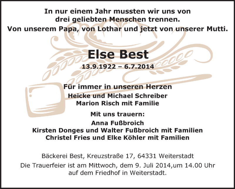  Traueranzeige für Else Best vom 08.07.2014 aus Echo-Zeitungen (Gesamtausgabe)