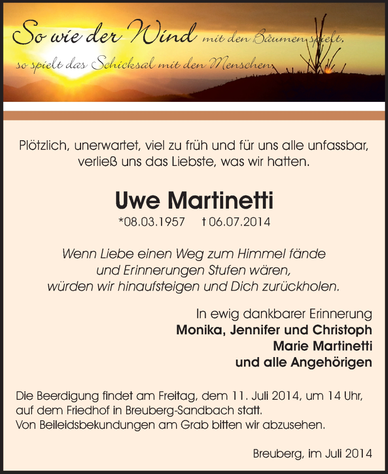  Traueranzeige für Uwe Martinetti vom 09.07.2014 aus Odenwälder Echo