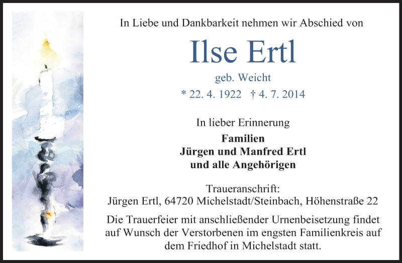  Traueranzeige für Ilse Ertl vom 08.07.2014 aus Odenwälder Echo