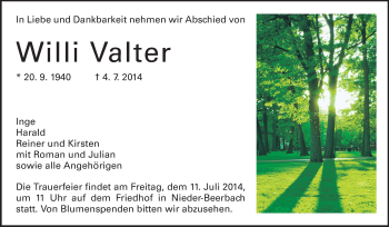 Traueranzeige von Willi Valter von Echo-Zeitungen (Gesamtausgabe)