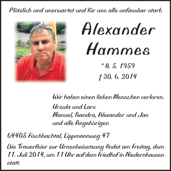 Traueranzeige von Alexander Hammes von Echo-Zeitungen (Gesamtausgabe)