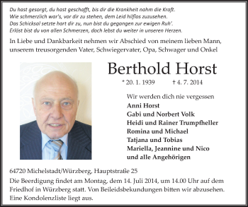 Traueranzeige von Berthold Horst von Echo-Zeitungen (Gesamtausgabe)