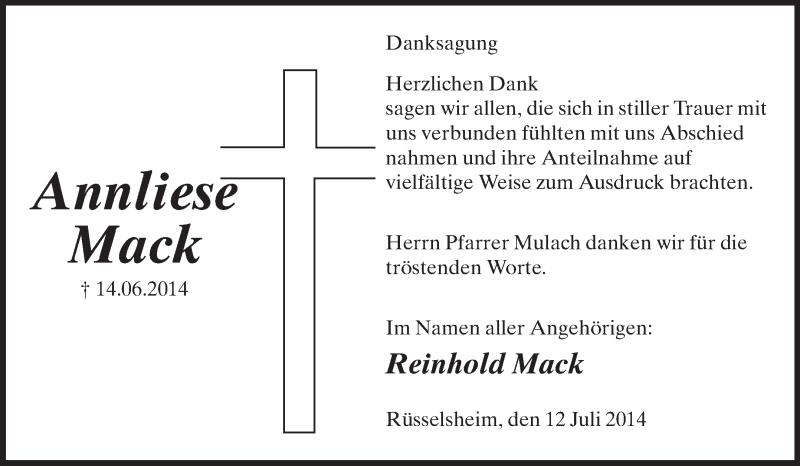  Traueranzeige für Annliese Mack vom 12.07.2014 aus Rüsselsheimer Echo, Groß-Gerauer-Echo, Ried Echo