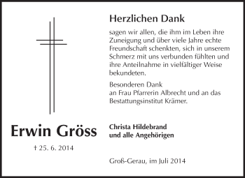 Traueranzeige von Erwin Gröss von Rüsselsheimer Echo, Groß-Gerauer-Echo, Ried Echo