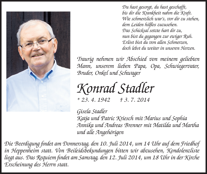  Traueranzeige für Konrad Stadler vom 09.07.2014 aus Starkenburger Echo