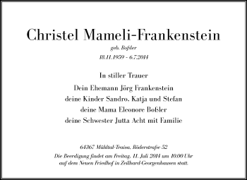 Traueranzeige von Christel Mameli-Frankenstein von Echo-Zeitungen (Gesamtausgabe)