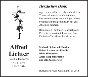 Traueranzeige von Alfred Lichter von Rüsselsheimer Echo, Groß-Gerauer-Echo, Ried Echo