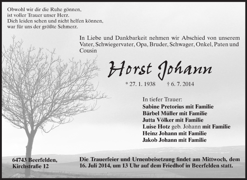  Traueranzeige für Horst Johann vom 12.07.2014 aus Odenwälder Echo