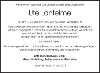 Traueranzeige von Ute Lantelme von Echo-Zeitungen (Gesamtausgabe)