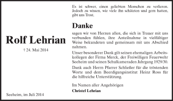 Traueranzeige von Rolf Lehrian von Echo-Zeitungen (Gesamtausgabe)