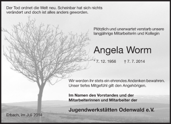 Traueranzeige von Angela Worm von Odenwälder Echo