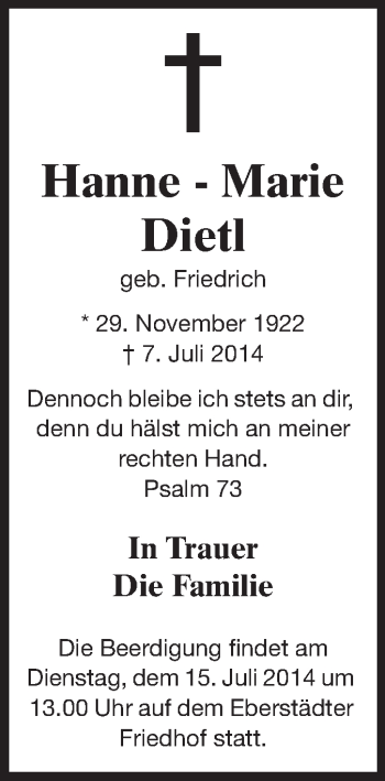 Traueranzeige von Hanne - Marie Dietl von Echo-Zeitungen (Gesamtausgabe)