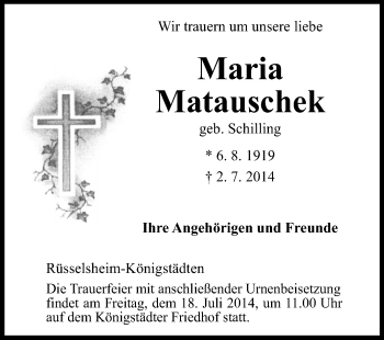 Traueranzeige von Maria Matauschek von Rüsselsheimer Echo, Groß-Gerauer-Echo, Ried Echo