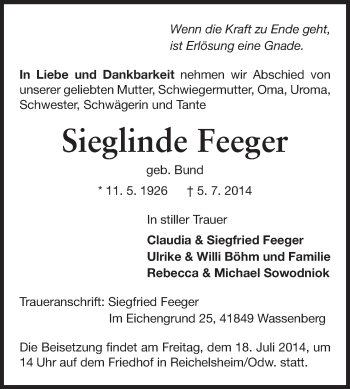 Traueranzeige von Sieglinde Feeger von Odenwälder Echo
