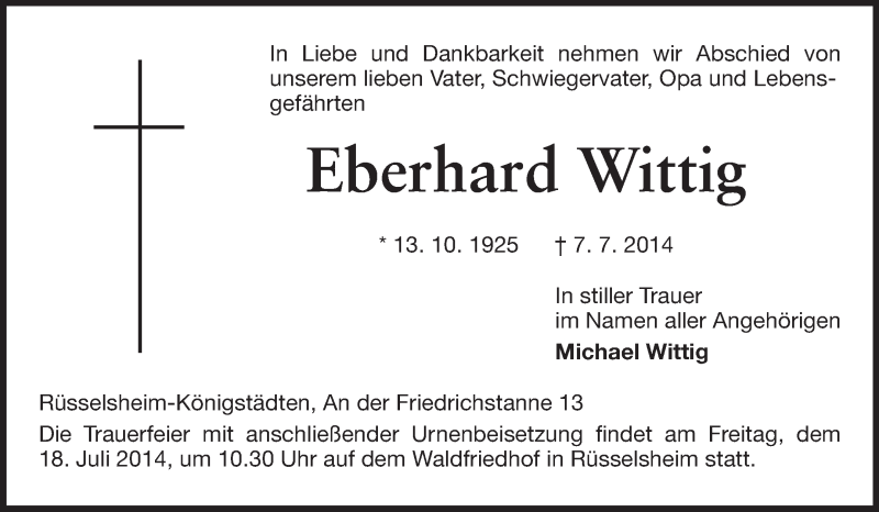  Traueranzeige für Eberhard Wittig vom 12.07.2014 aus Rüsselsheimer Echo, Groß-Gerauer-Echo, Ried Echo