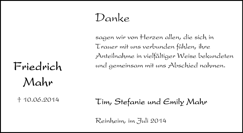  Traueranzeige für Friedrich Mahr vom 12.07.2014 aus Darmstädter Echo, Odenwälder Echo, Rüsselsheimer Echo, Groß-Gerauer-Echo, Ried Echo