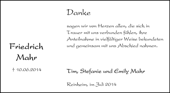 Traueranzeige von Friedrich Mahr von Darmstädter Echo, Odenwälder Echo, Rüsselsheimer Echo, Groß-Gerauer-Echo, Ried Echo
