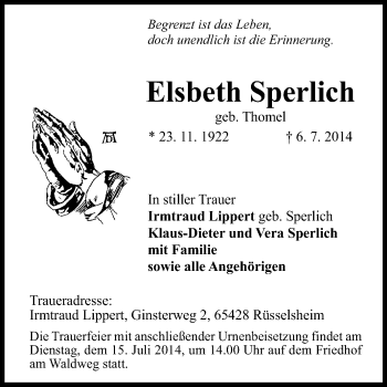 Traueranzeige von Elsbeth Sperlich von Rüsselsheimer Echo, Groß-Gerauer-Echo, Ried Echo