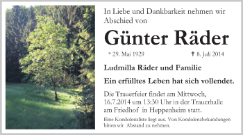 Traueranzeige von Günter Räder von Starkenburger Echo, Bergsträßer Anzeiger