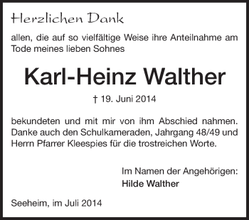Traueranzeige von Karl-Heinz Walther von Echo-Zeitungen (Gesamtausgabe)