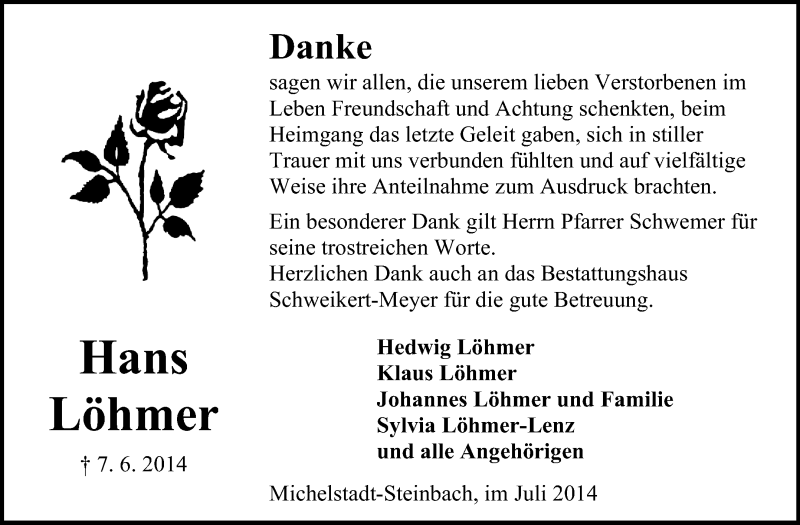  Traueranzeige für Hans Löhmer vom 12.07.2014 aus Odenwälder Echo
