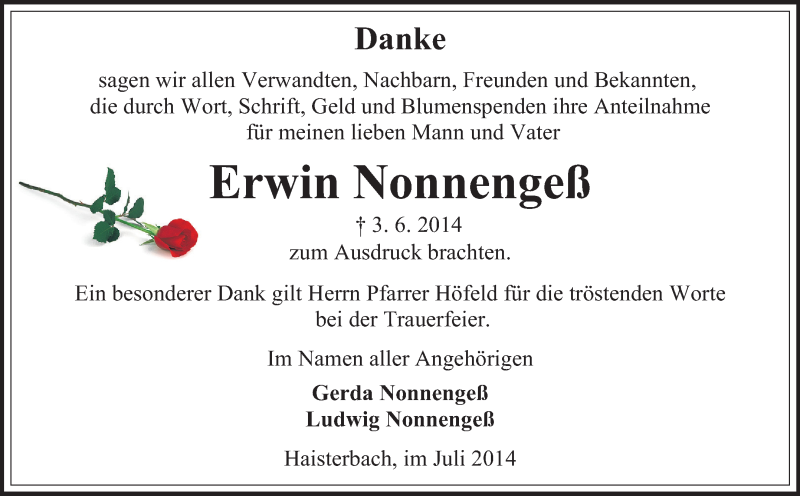  Traueranzeige für Erwin Nonnengeß vom 12.07.2014 aus Odenwälder Echo