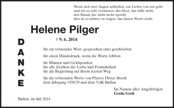 Traueranzeige von Helene Pilger von Odenwälder Echo