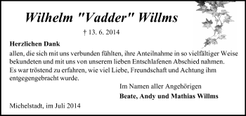 Traueranzeige von Wilhelm  Willms von Odenwälder Echo