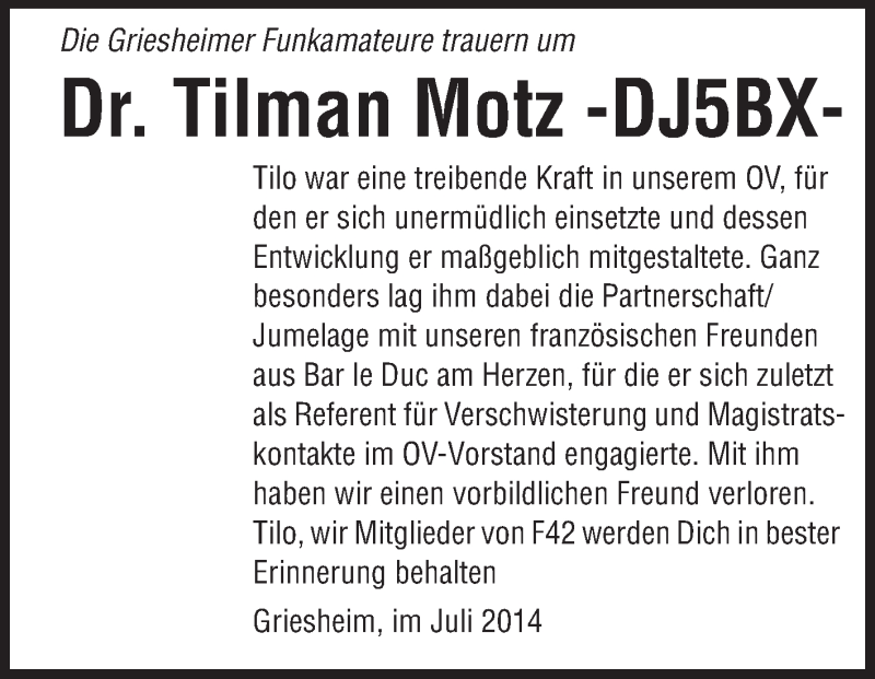  Traueranzeige für Tilman Motz vom 12.07.2014 aus Echo-Zeitungen (Gesamtausgabe)