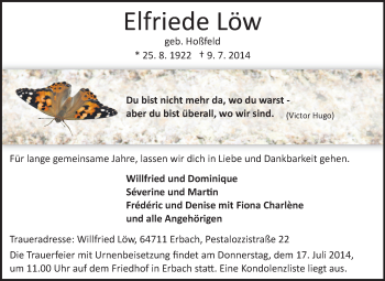 Traueranzeige von Elfriede Löw von Odenwälder Echo