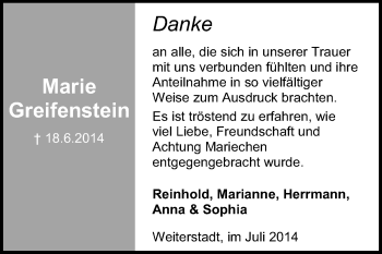 Traueranzeige von Marie Greifenstein von Echo-Zeitungen (Gesamtausgabe)