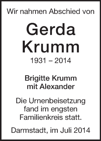 Traueranzeige von Gerda Krumm von Echo-Zeitungen (Gesamtausgabe)