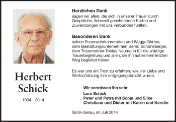 Traueranzeige von Herbert Schick von Rüsselsheimer Echo, Groß-Gerauer-Echo, Ried Echo